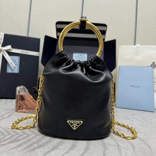 MINI BUCKET BAG 19 IN BLACK SOFT NAPPA LAMBSKIN GOLD HARDWARE