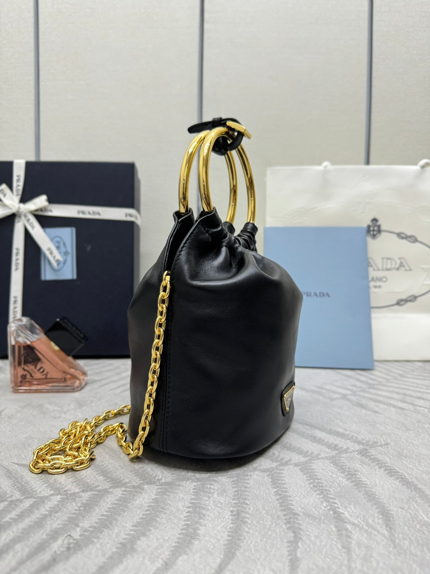 MINI BUCKET BAG 19 IN BLACK SOFT NAPPA LAMBSKIN GOLD HARDWARE