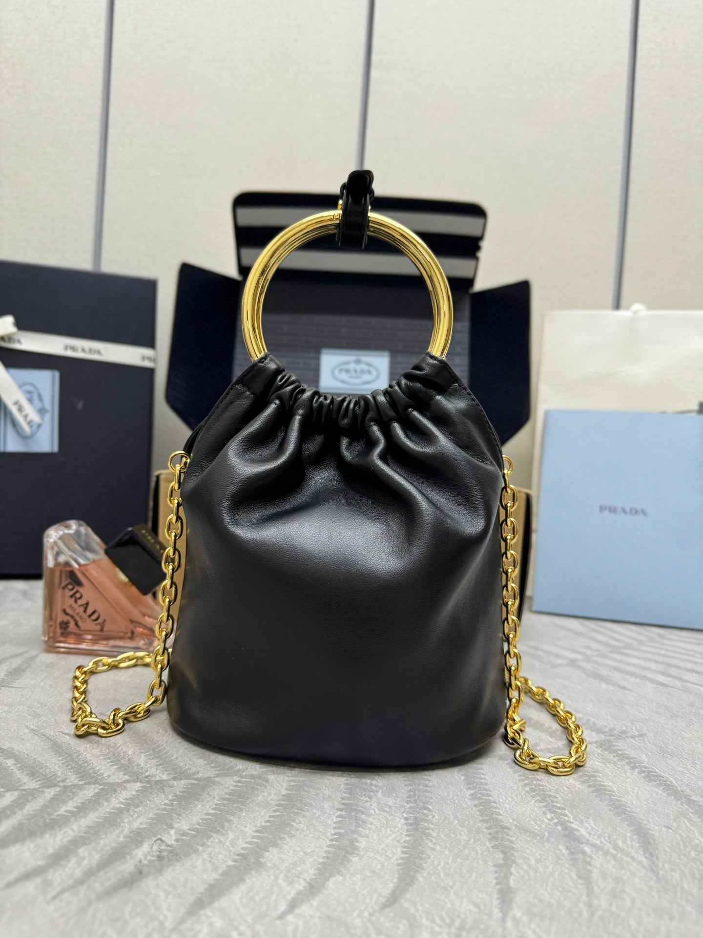 MINI BUCKET BAG 19 IN BLACK SOFT NAPPA LAMBSKIN GOLD HARDWARE