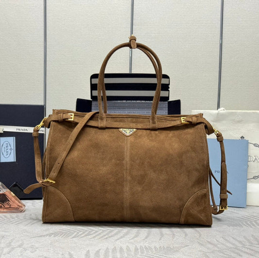 TOTE BAG WITH BELT 42 IN RUSSET BROWN SUEDE GOLD HARDWARE