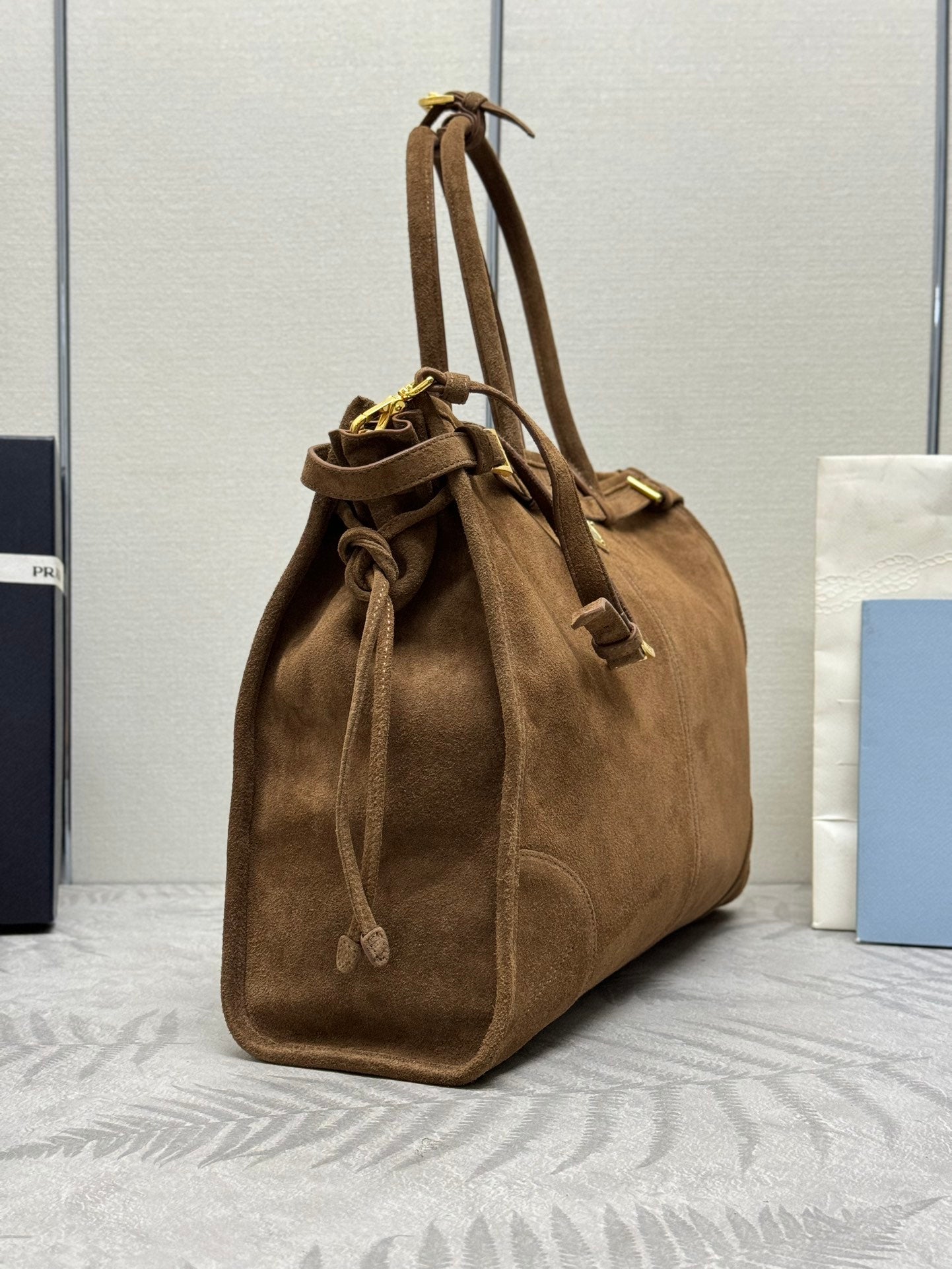 TOTE BAG WITH BELT 42 IN RUSSET BROWN SUEDE GOLD HARDWARE