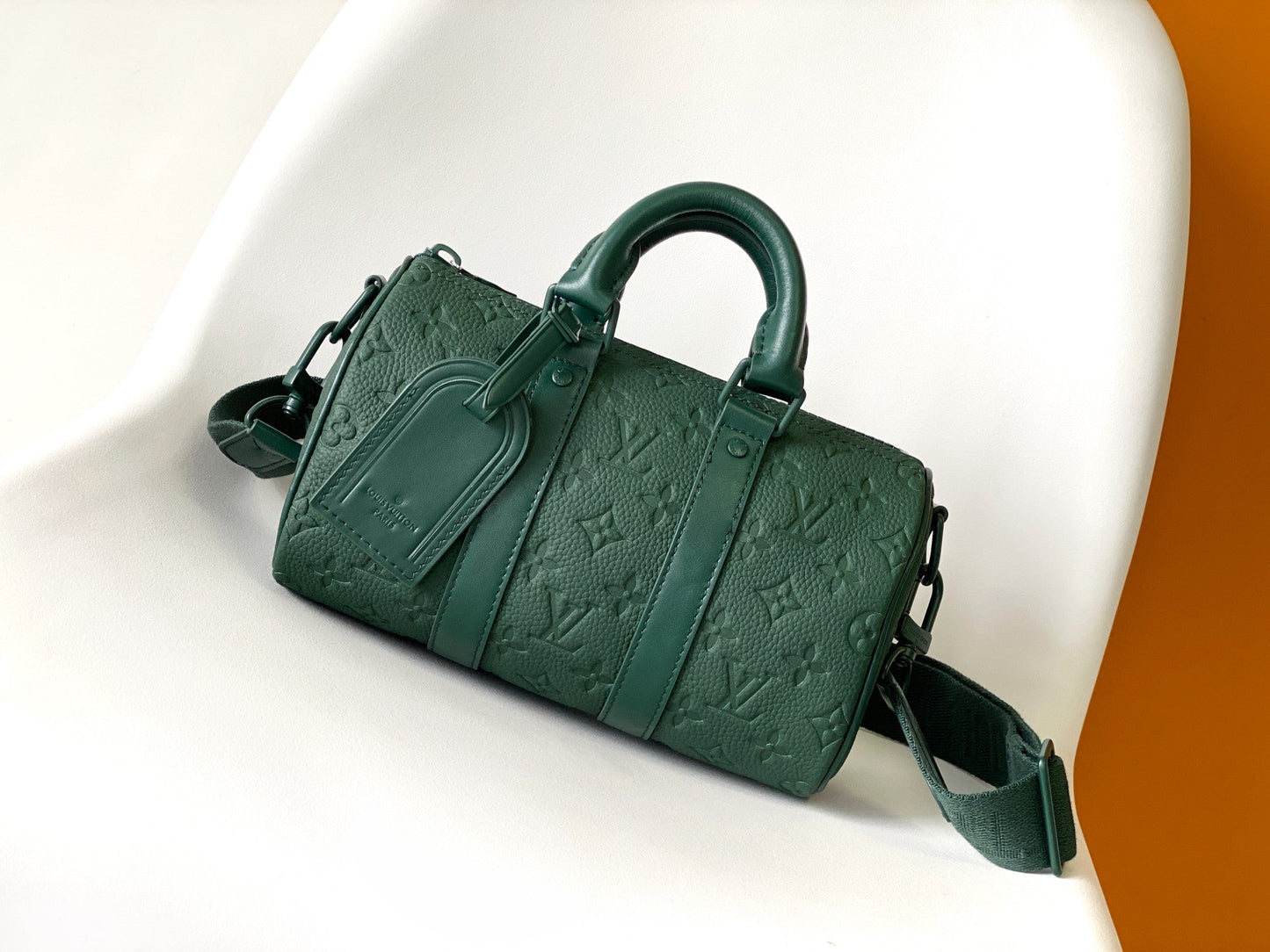 KEEPALL BANDOULIÈRE 25 IN FOREST GREEN MONOGRAM EMBOSSED CALFSKIN