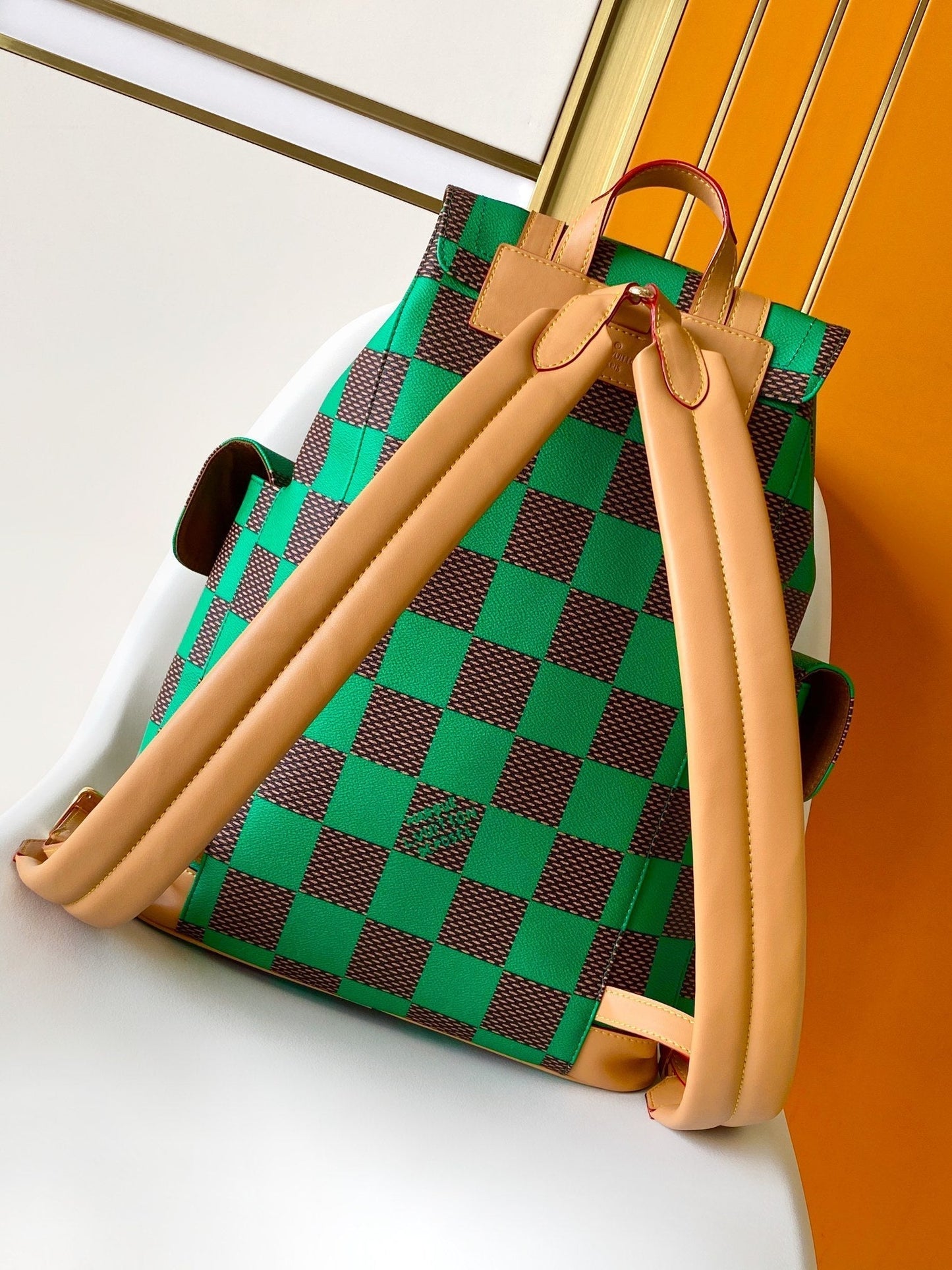 CHRISTOPHER BACKPACK 47 IN BROWN GREEN DAMIER POP COATED CANVAS