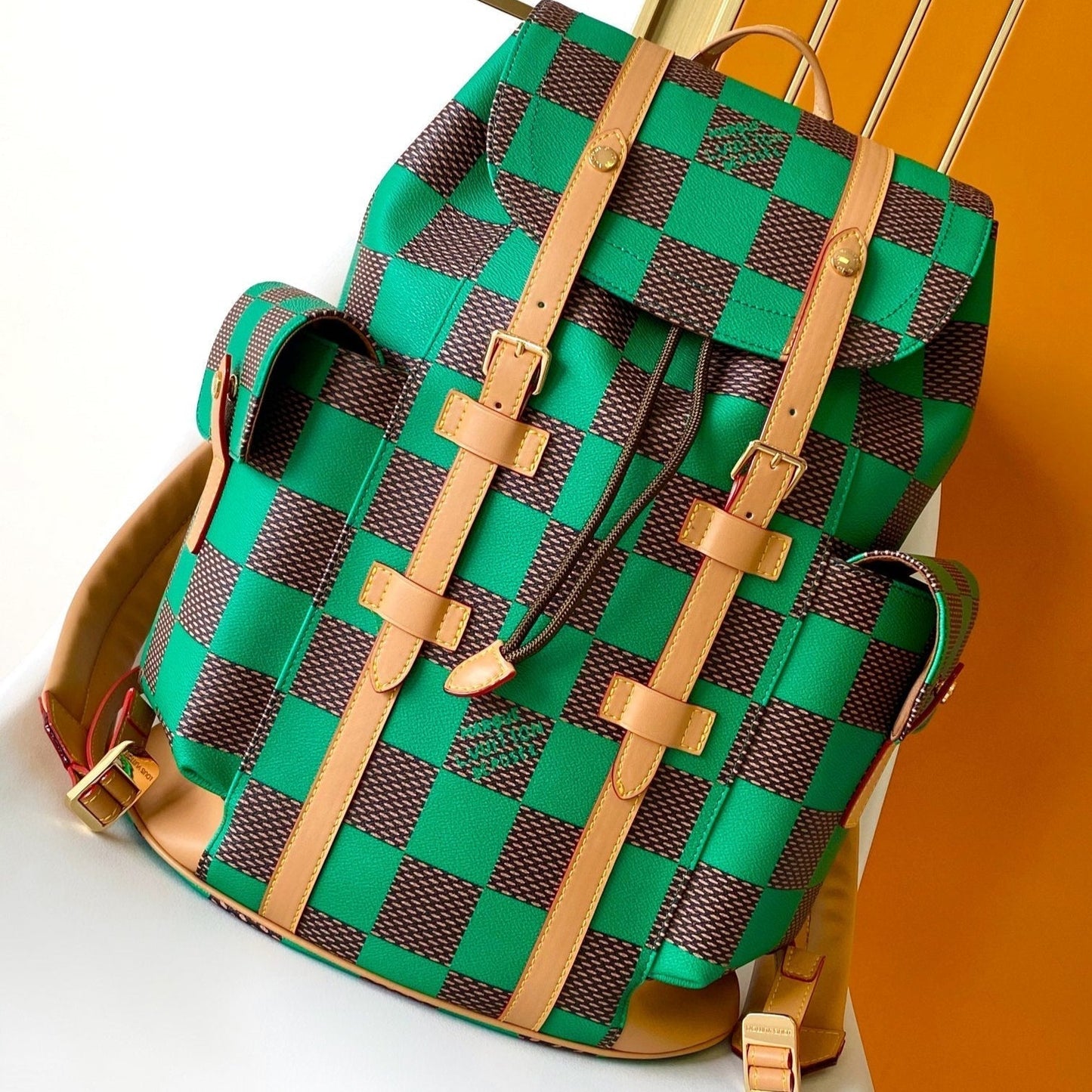 CHRISTOPHER BACKPACK 47 IN BROWN GREEN DAMIER POP COATED CANVAS