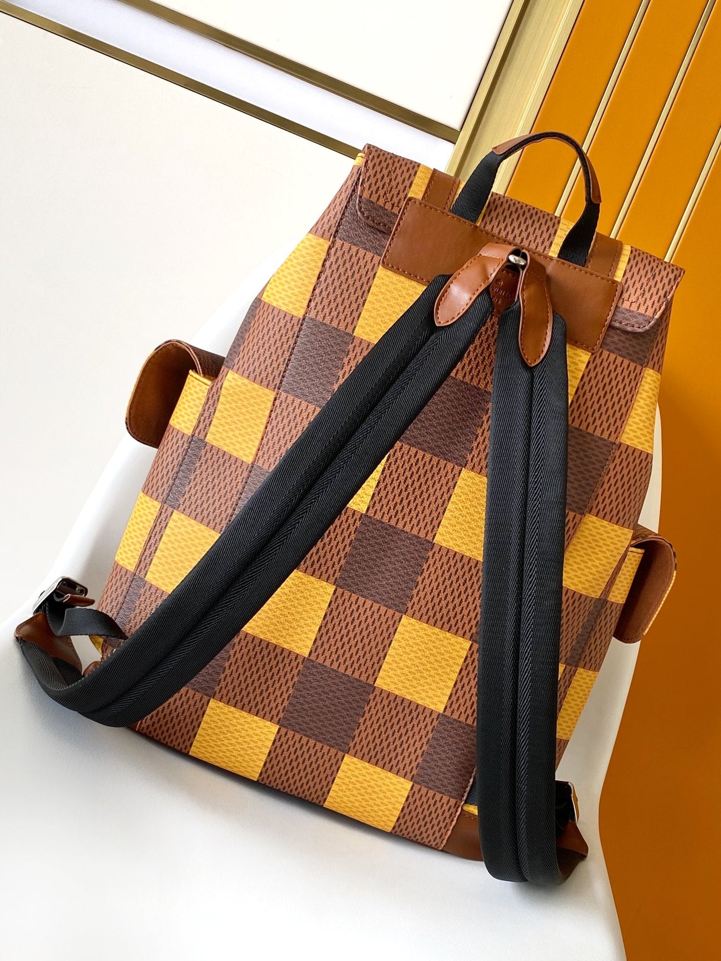 CHRISTOPHER BACKPACK 48 IN BROWN YELLOW DAMIER CANVAS