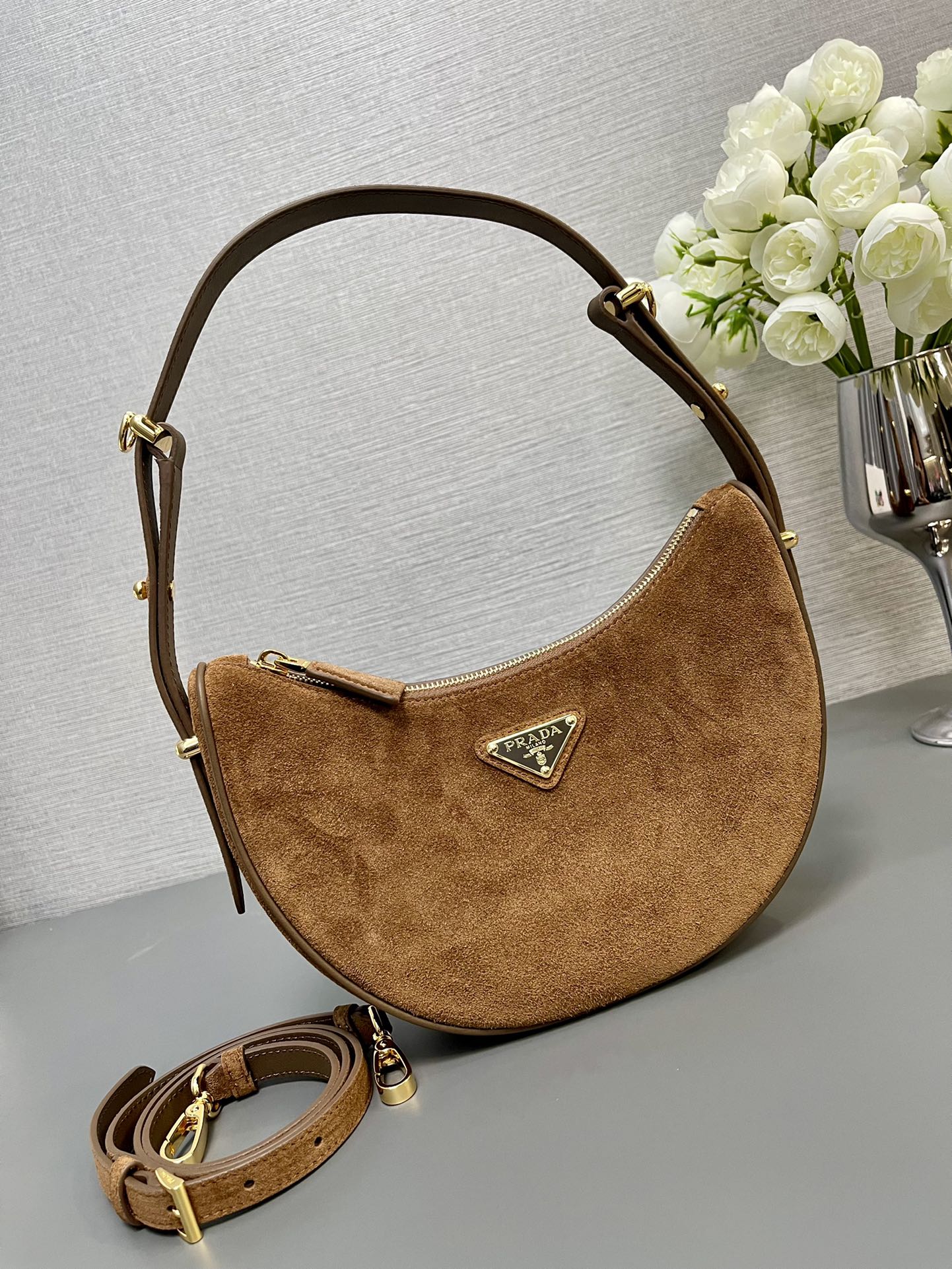 MOON HANDBAG 22 IN RUSSET BROWN SUEDE