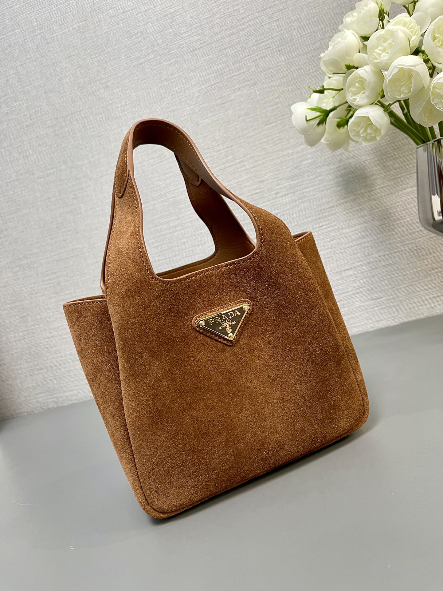 MINI TOTE BAG 18 IN RED BROWN SUEDE GOLD LOGO