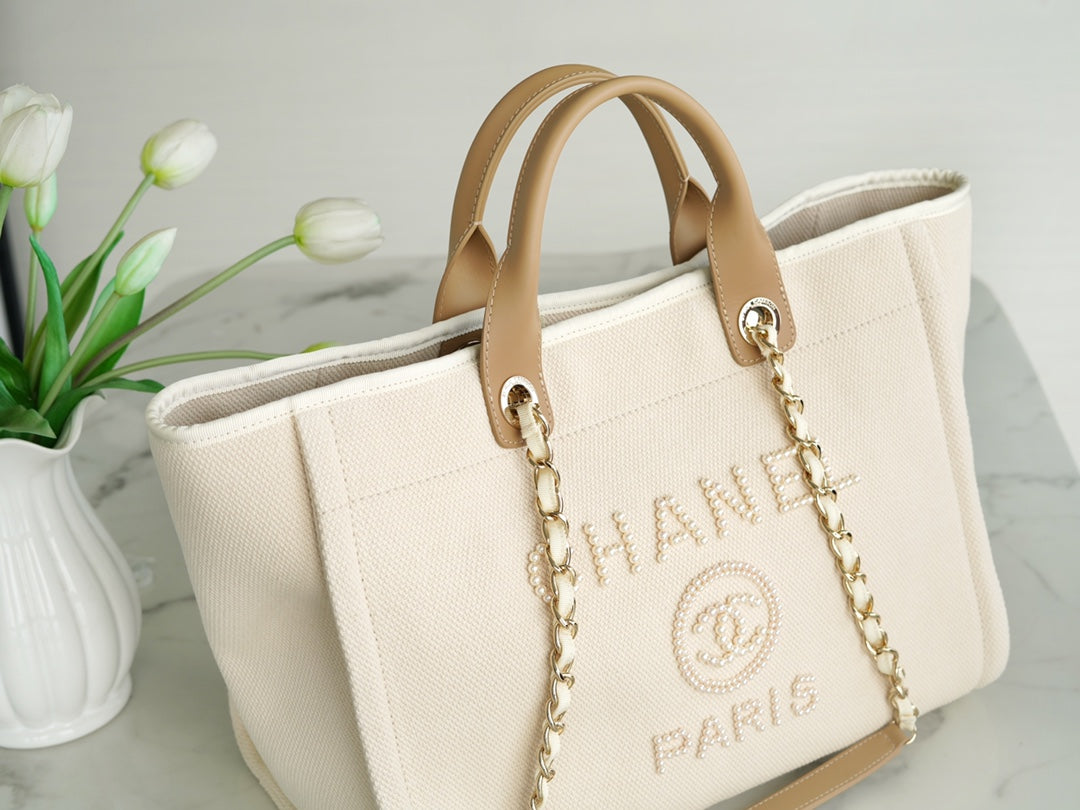 TOTE BAG 39 ATTACHED PEARL LOGO IN BEIGE CANVAS GOLD HARDWARE