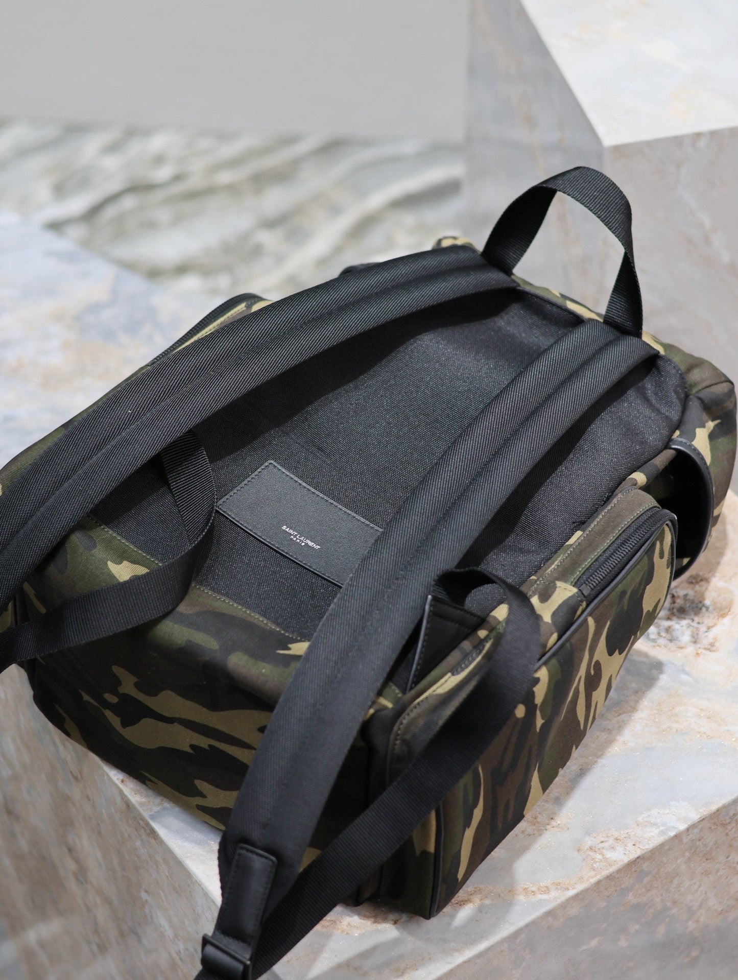 CITY MULTI-POCKET BACKPACK 42 IN CAMOUFLAGE PATTERN NYLON AND BLACK CALFSKIN