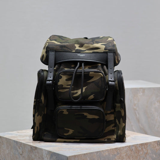 CITY MULTI-POCKET BACKPACK 42 IN CAMOUFLAGE PATTERN NYLON AND BLACK CALFSKIN