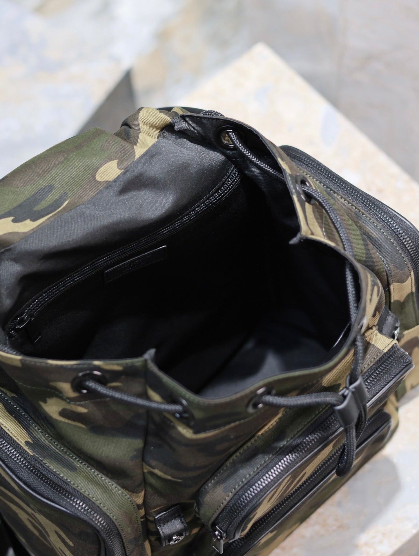 CITY MULTI-POCKET BACKPACK 42 IN CAMOUFLAGE PATTERN NYLON AND BLACK CALFSKIN