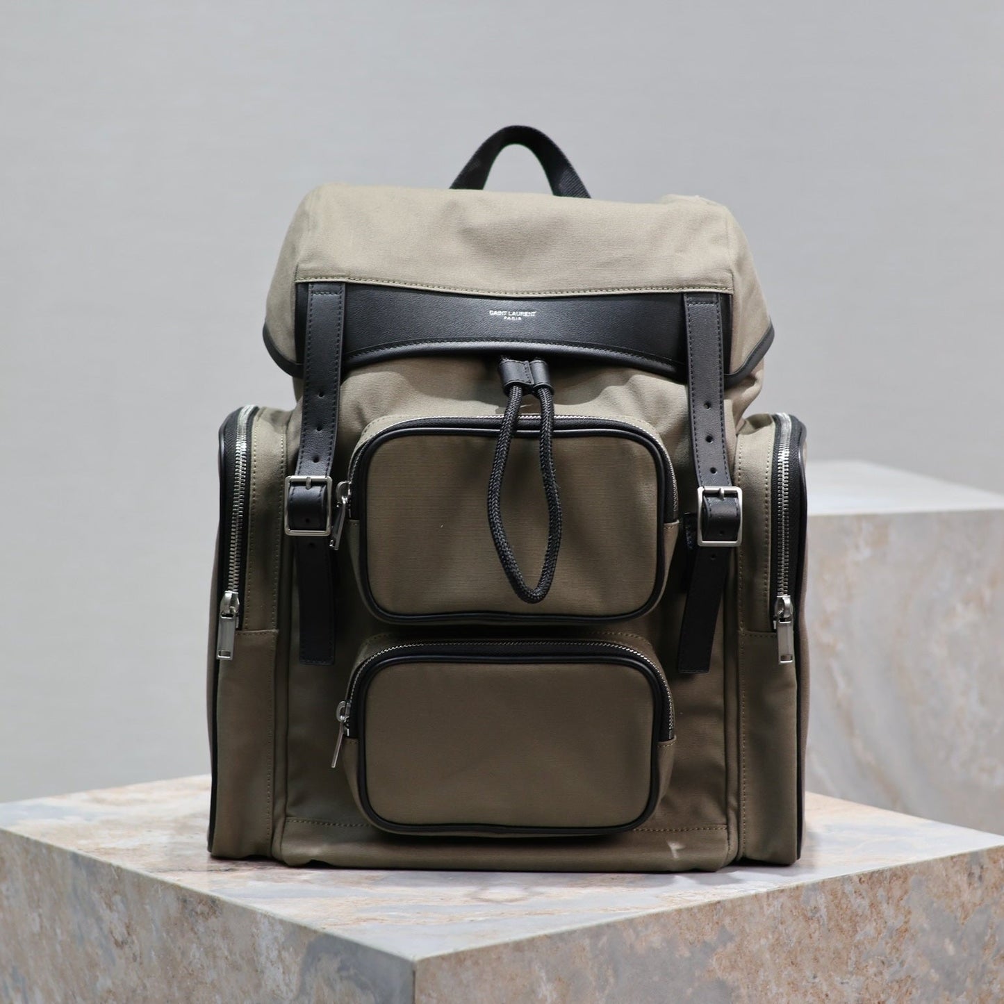 CITY MULTI-POCKET BACKPACK 42 IN KHAKI GREEN NYLON AND BLACK SMOOTH CALFSKIN