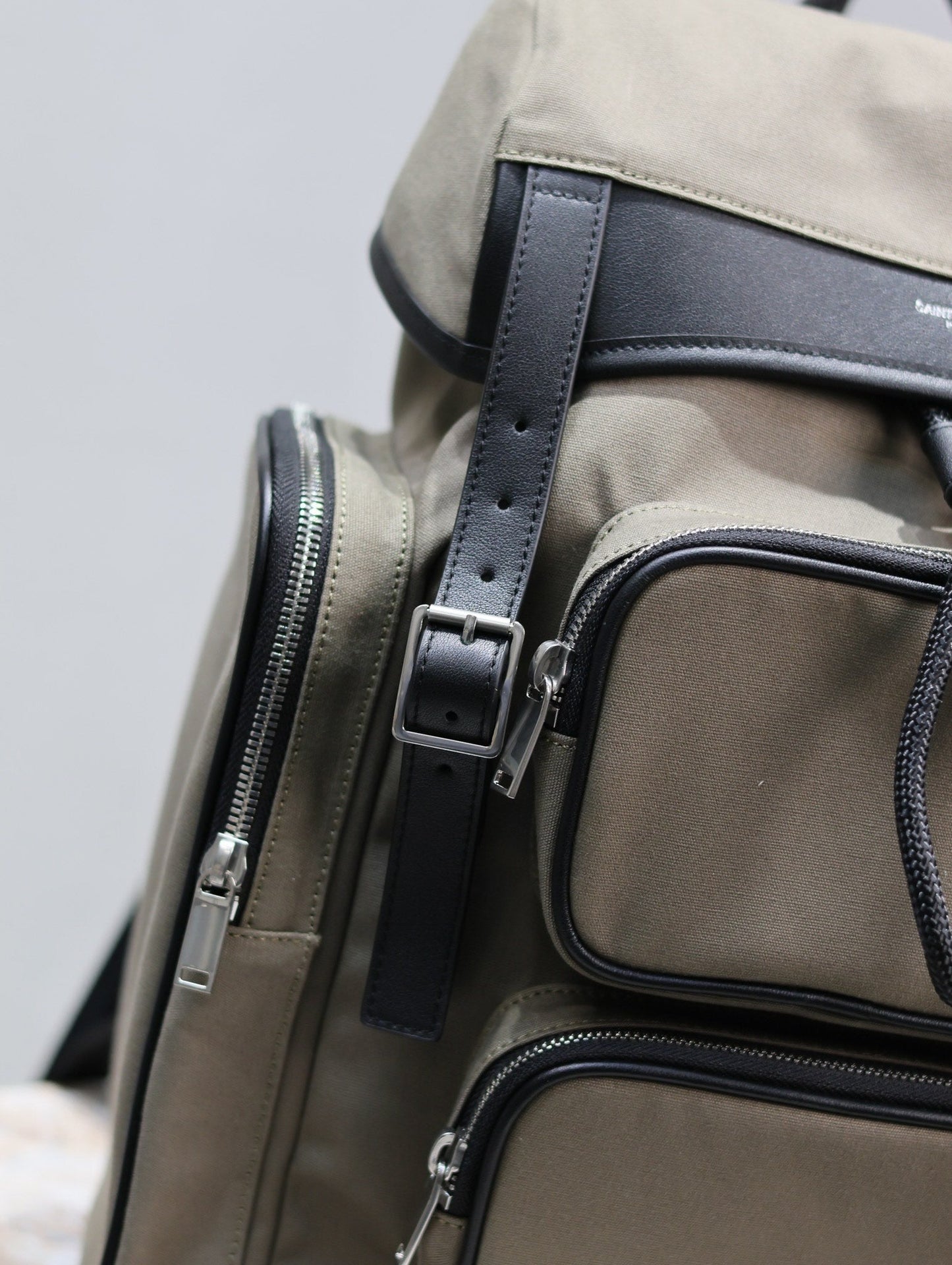 CITY MULTI-POCKET BACKPACK 42 IN KHAKI GREEN NYLON AND BLACK SMOOTH CALFSKIN