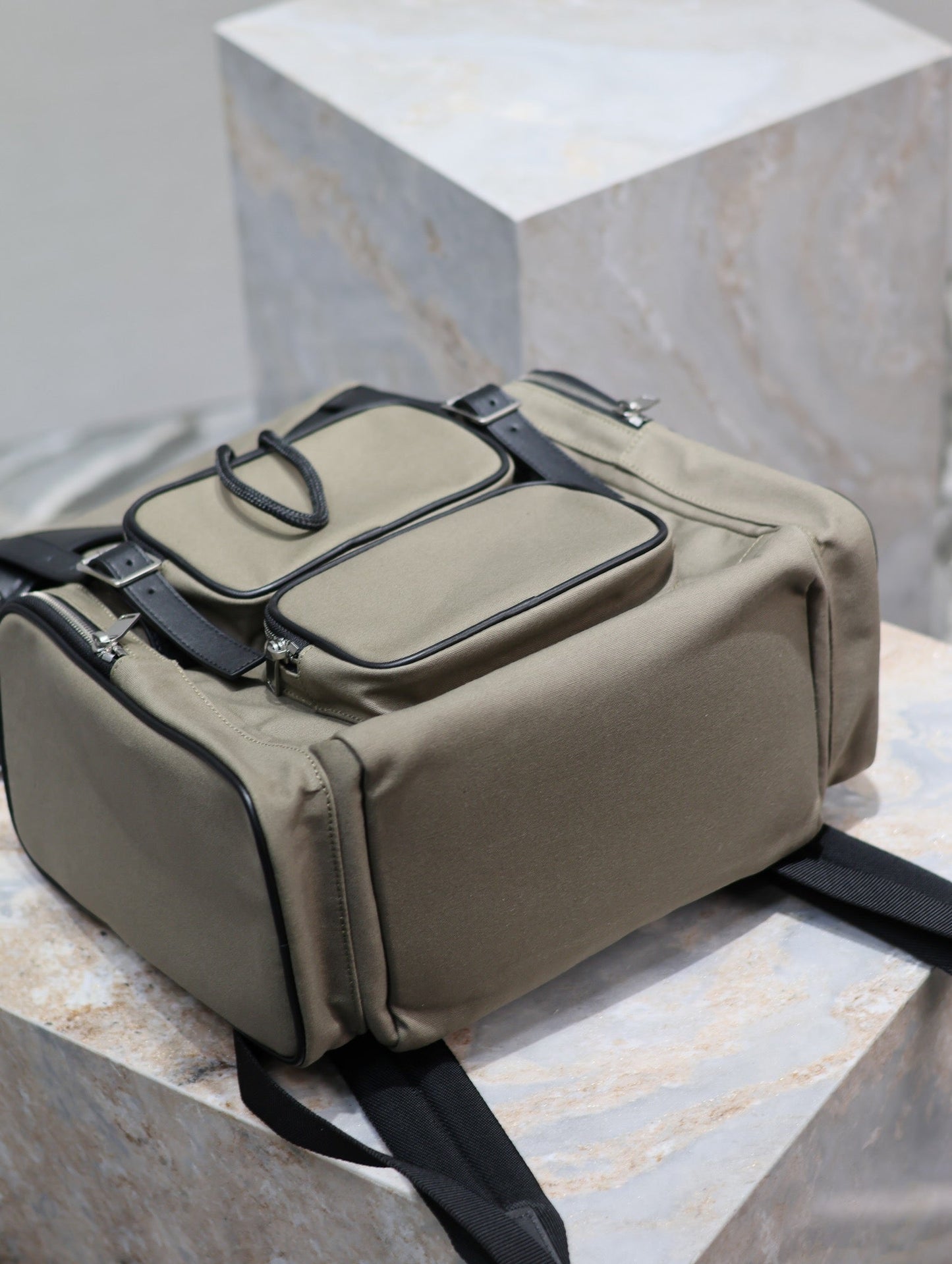 CITY MULTI-POCKET BACKPACK 42 IN KHAKI GREEN NYLON AND BLACK SMOOTH CALFSKIN