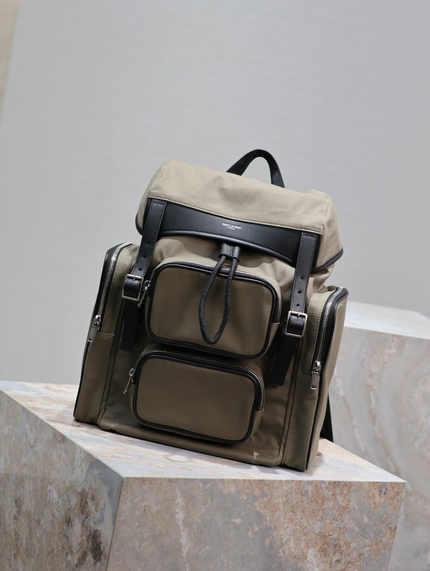 CITY MULTI-POCKET BACKPACK 42 IN KHAKI GREEN NYLON AND BLACK SMOOTH CALFSKIN