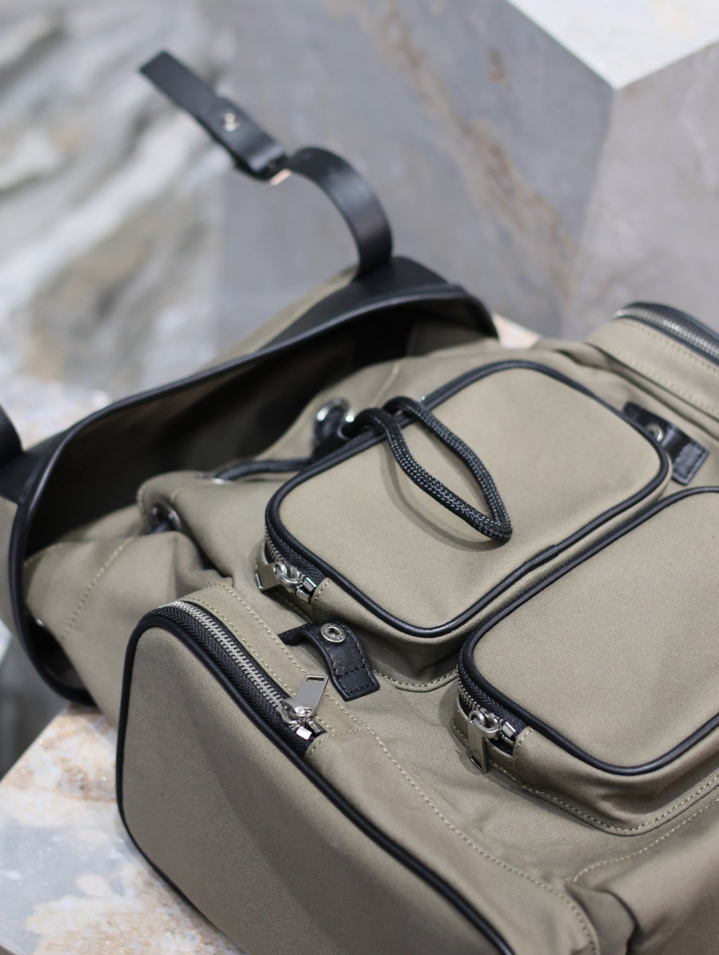 CITY MULTI-POCKET BACKPACK 42 IN KHAKI GREEN NYLON AND BLACK SMOOTH CALFSKIN