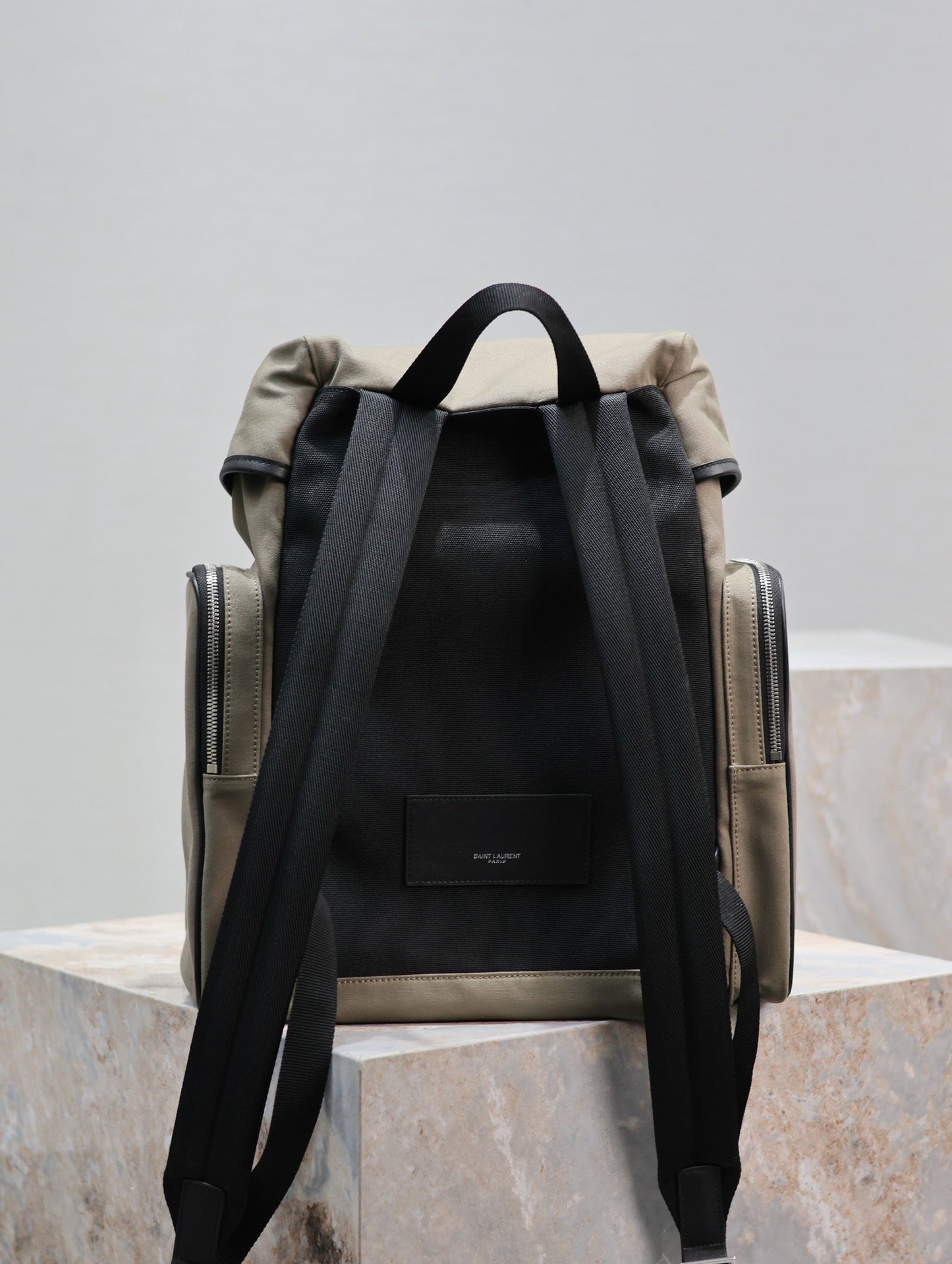 CITY MULTI-POCKET BACKPACK 42 IN KHAKI GREEN NYLON AND BLACK SMOOTH CALFSKIN