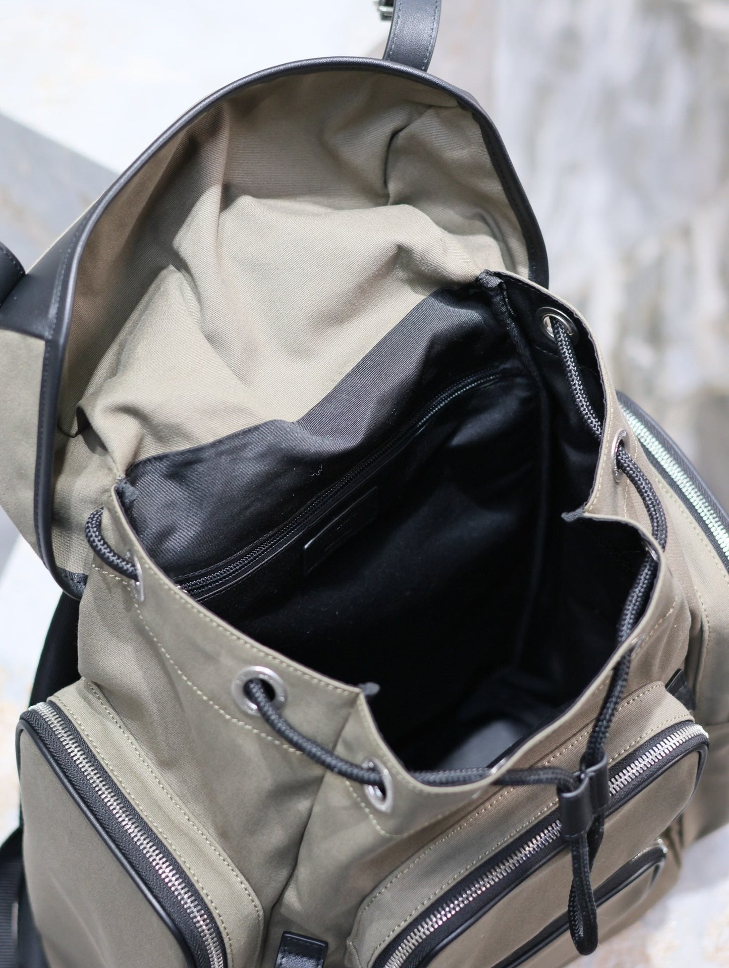 CITY MULTI-POCKET BACKPACK 42 IN KHAKI GREEN NYLON AND BLACK SMOOTH CALFSKIN