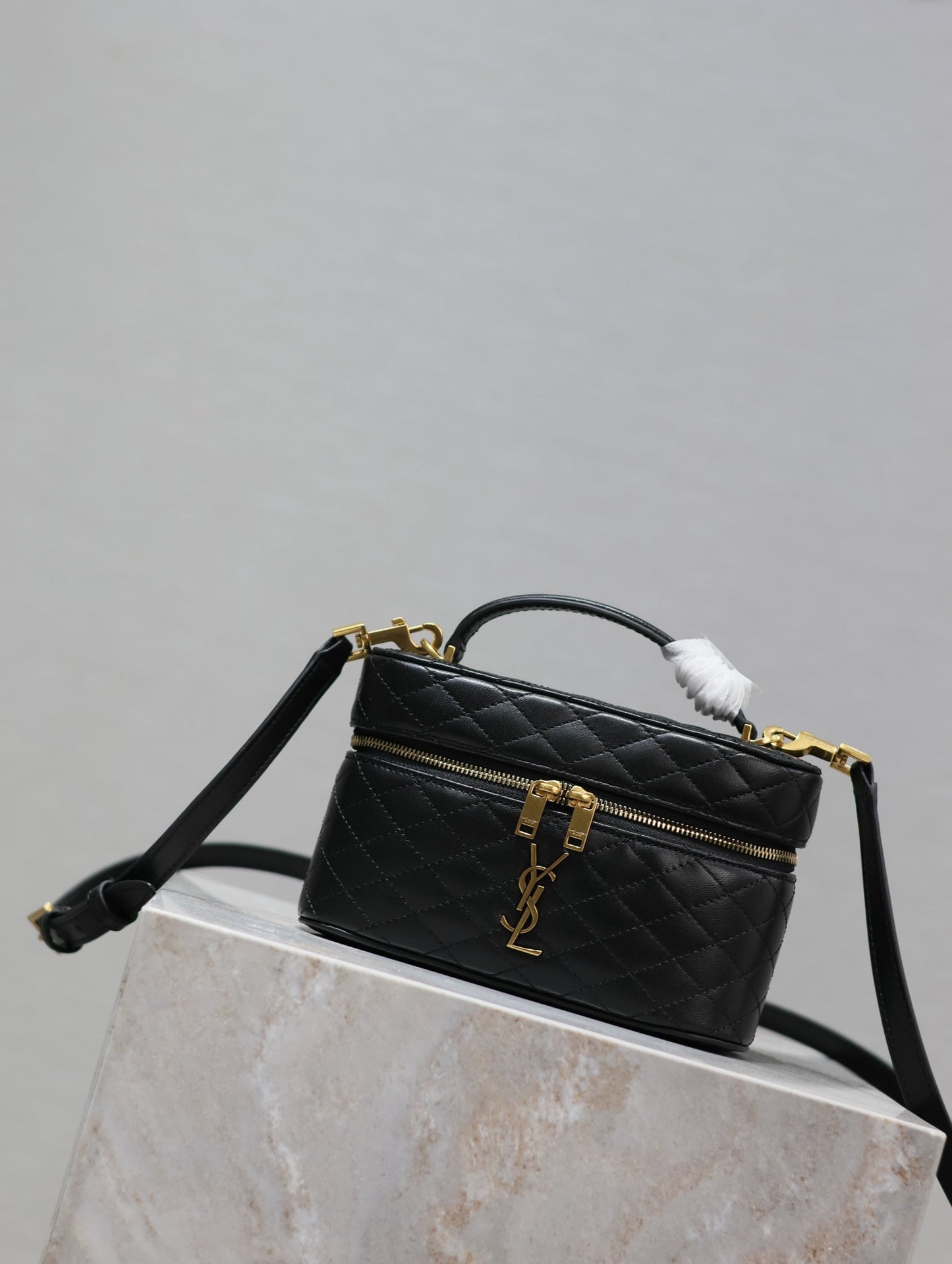 GABY MINI VANITY 18 IN BLACK QUILTED LAMBSKIN GOLD HARDWARE