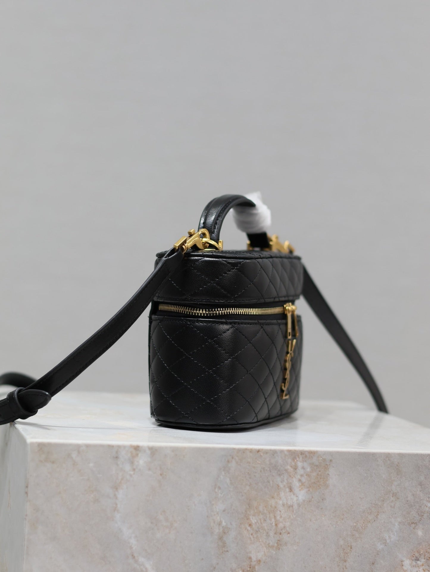 GABY MINI VANITY 18 IN BLACK QUILTED LAMBSKIN GOLD HARDWARE