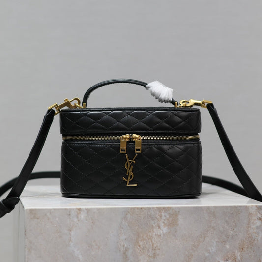 GABY MINI VANITY 18 IN BLACK QUILTED LAMBSKIN GOLD HARDWARE