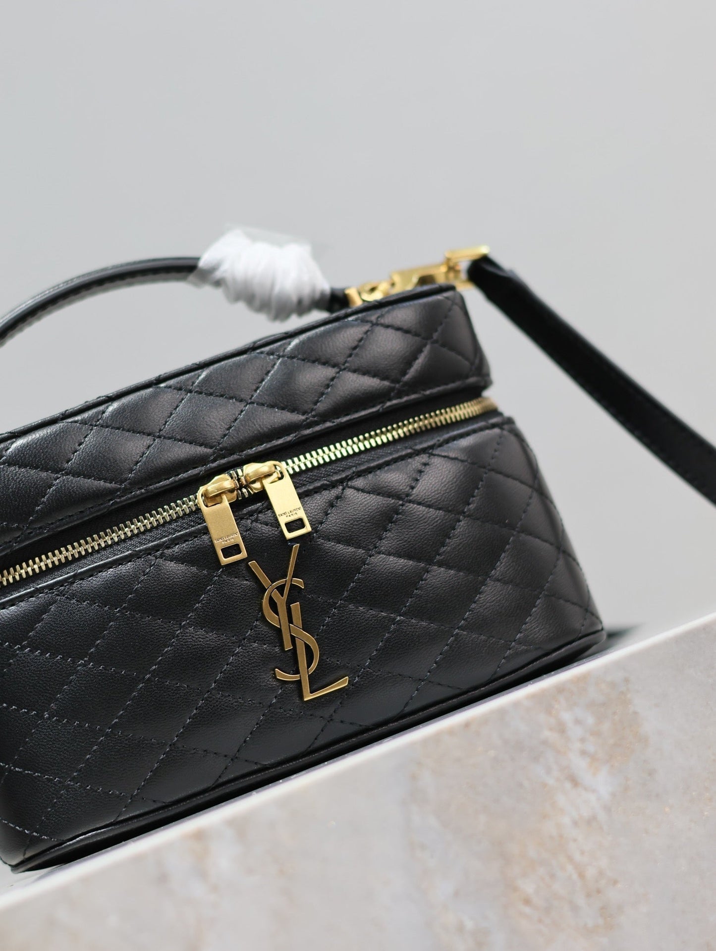 GABY MINI VANITY 18 IN BLACK QUILTED LAMBSKIN GOLD HARDWARE