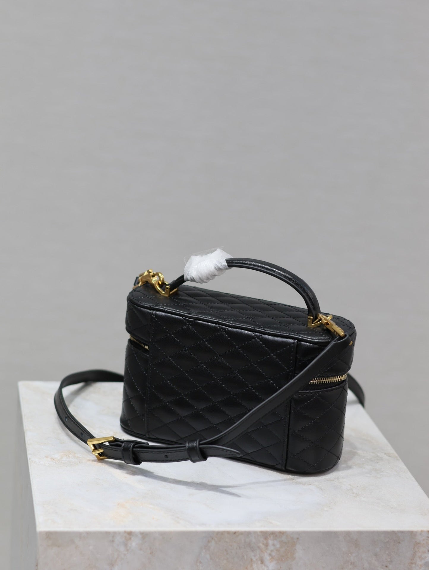 GABY MINI VANITY 18 IN BLACK QUILTED LAMBSKIN GOLD HARDWARE