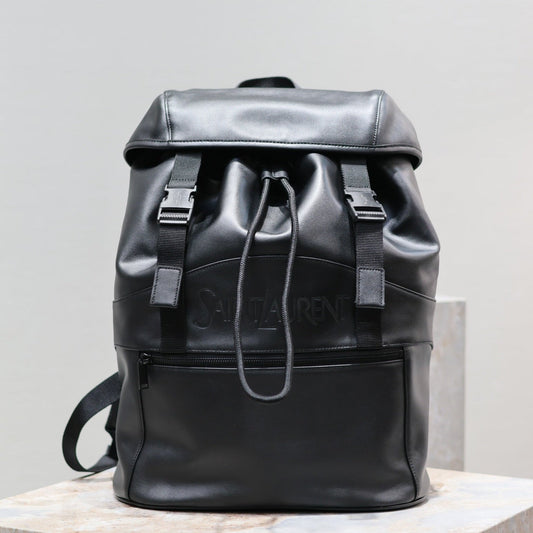 BACKPACK 45 IN BLACK CALFSKIN WITH EMBOSSED LOGO