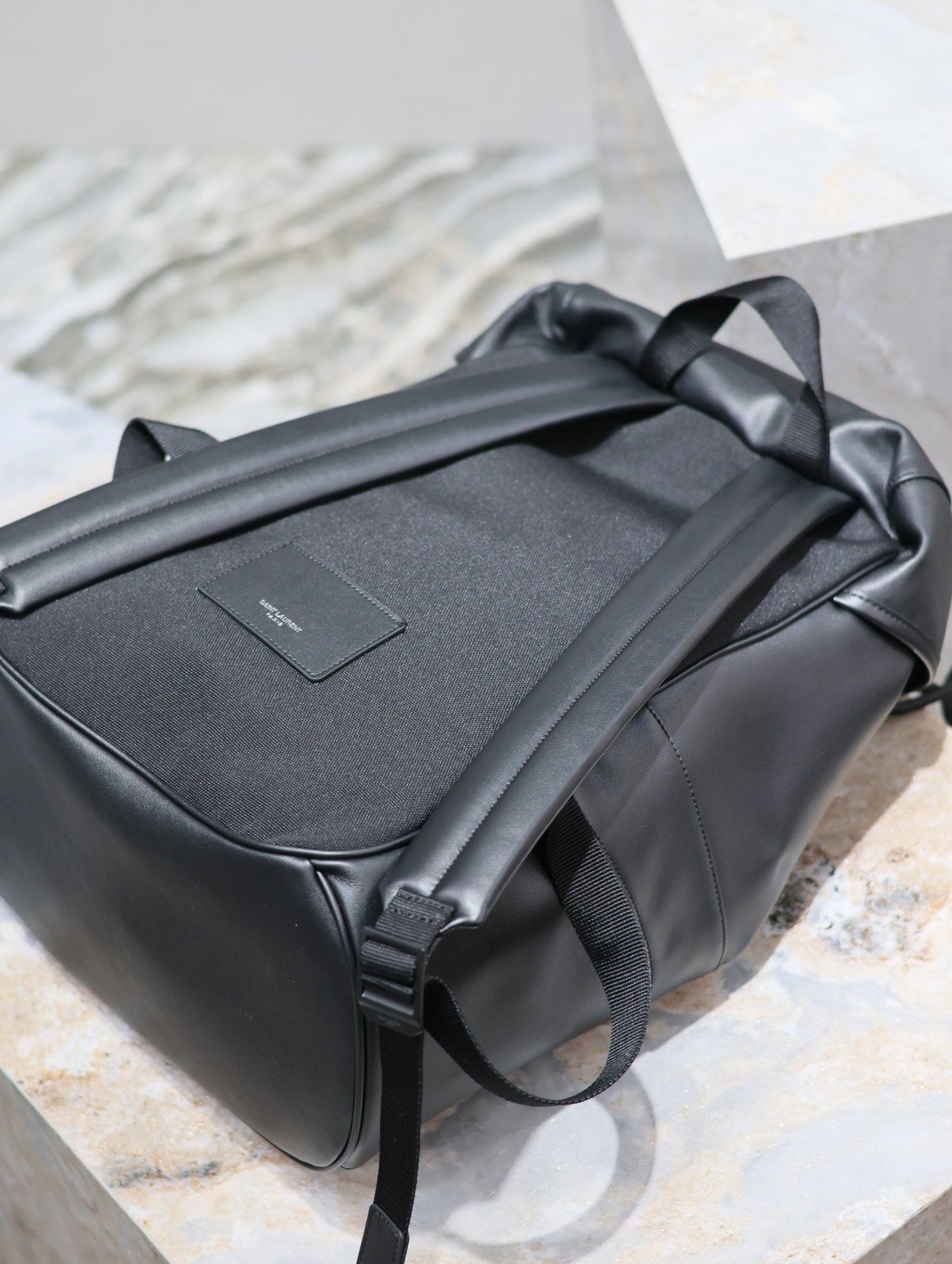 BACKPACK 45 IN BLACK CALFSKIN WITH EMBOSSED LOGO