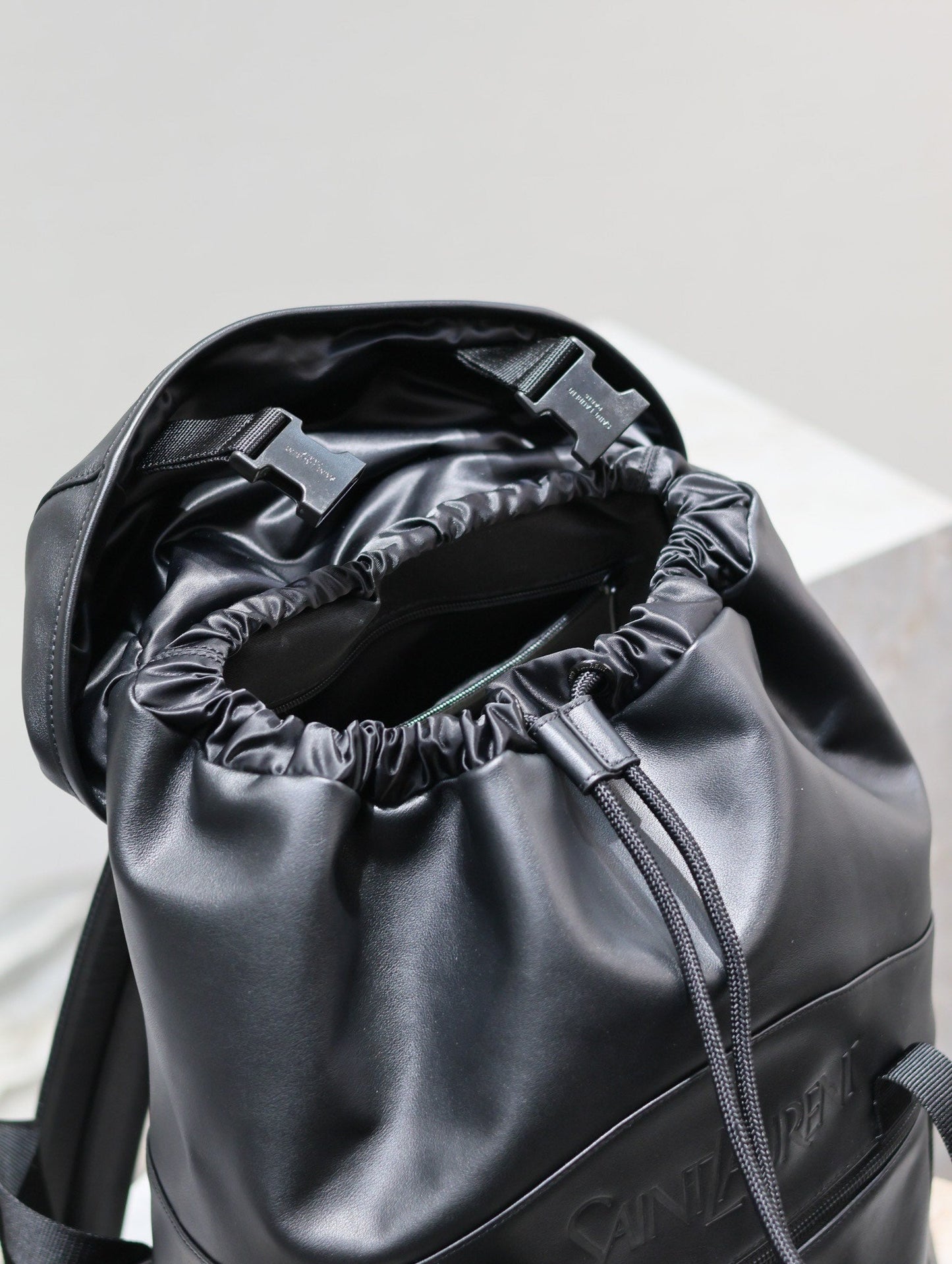 BACKPACK 45 IN BLACK CALFSKIN WITH EMBOSSED LOGO