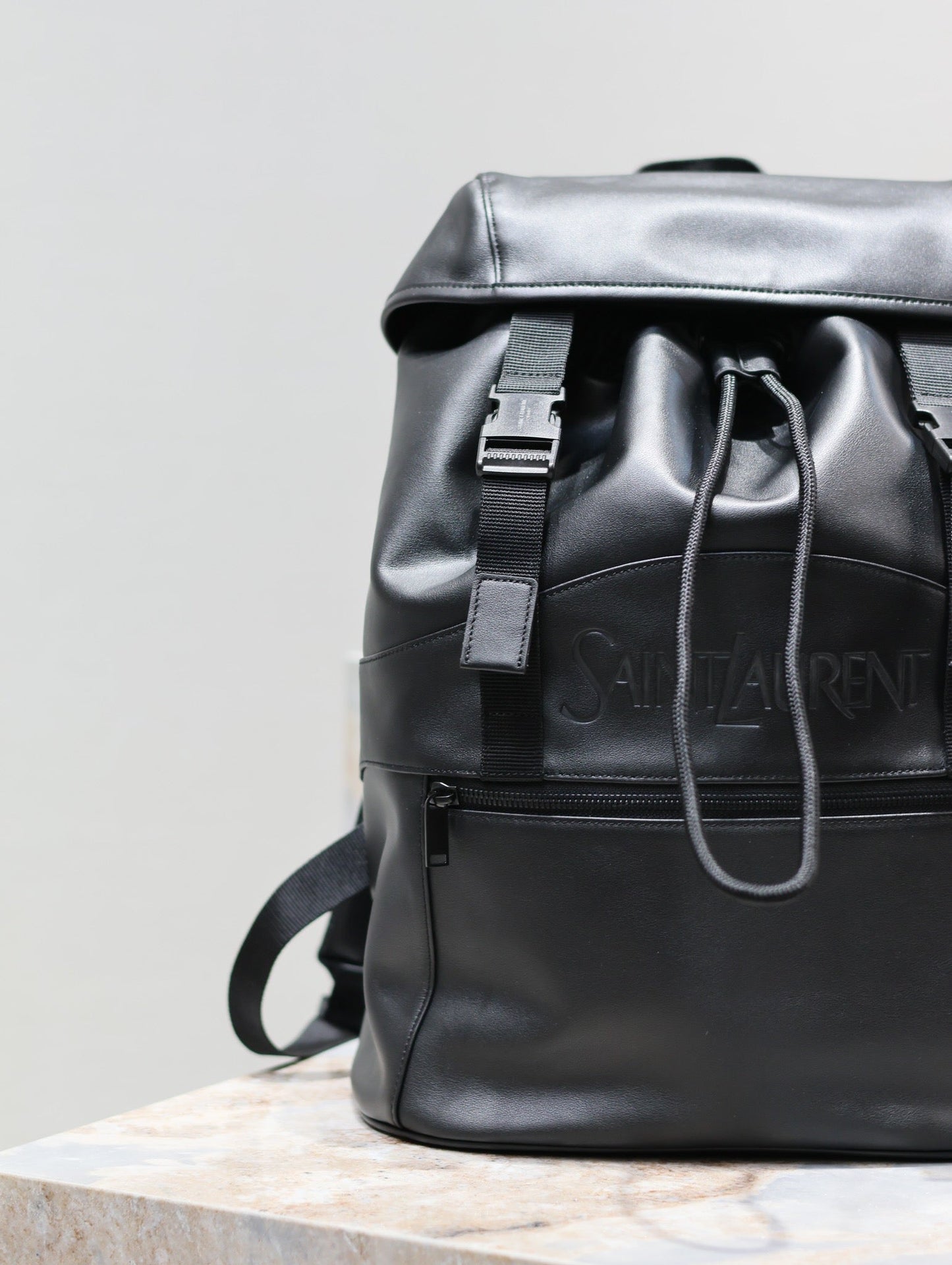 BACKPACK 45 IN BLACK CALFSKIN WITH EMBOSSED LOGO