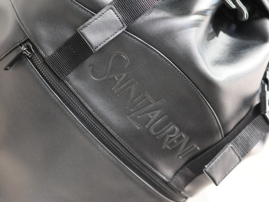 BACKPACK 45 IN BLACK CALFSKIN WITH EMBOSSED LOGO