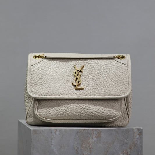 NIKI MEDIUM 28 IN WHITE ELEPHANT PATTERN LAMBSKIN GOLD LOGO