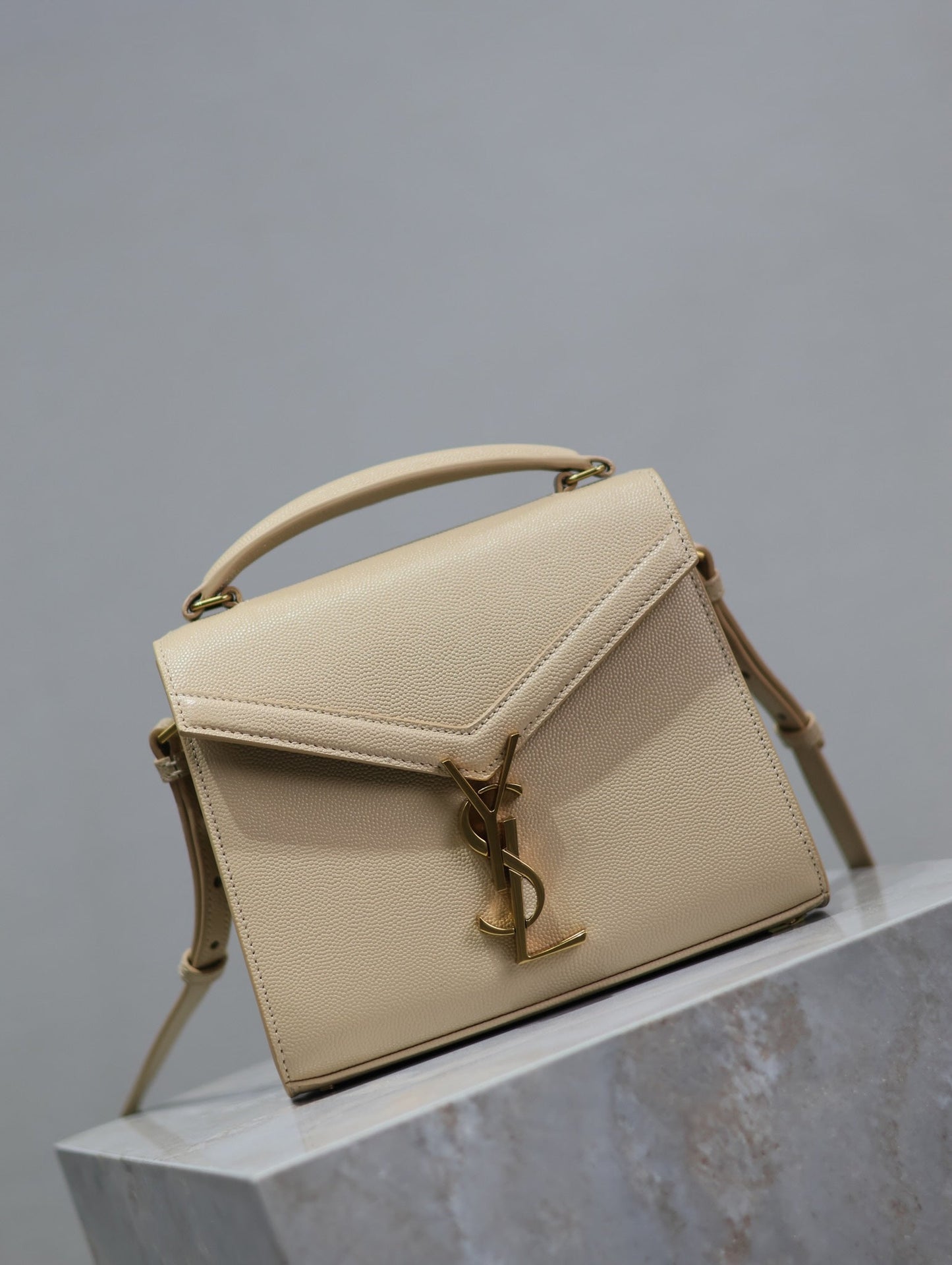 CASSANDRA MINI TOP HANDLE BAG 20 IN BEIGE CALFSKIN GOLD HARDWARE