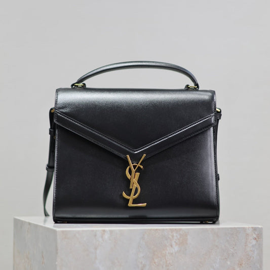 CASSANDRA TOP HANDLE BAG 24 IN BLACK SMOOTH LAMBSKIN GOLD HARDWARE