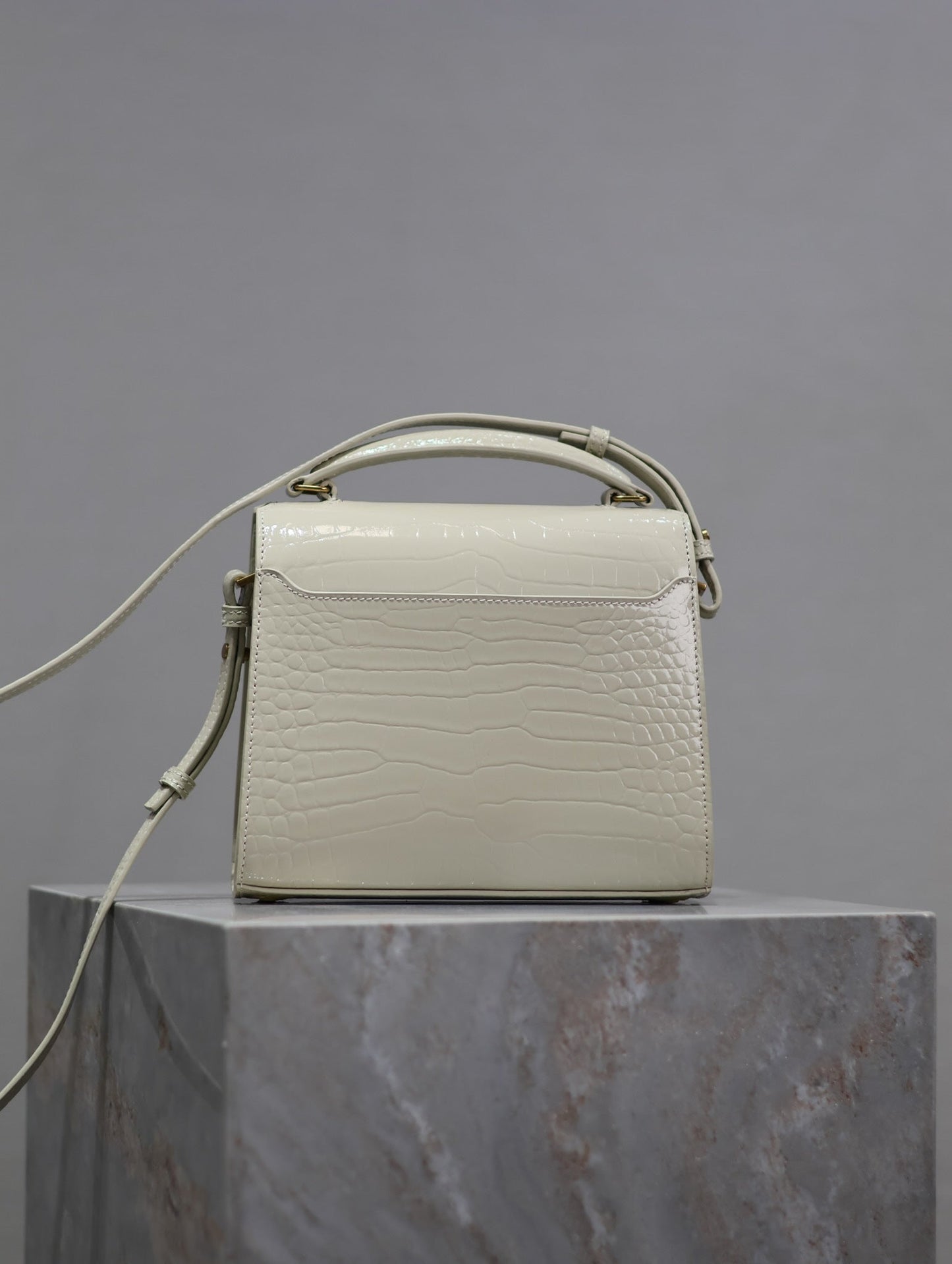 CASSANDRA MINI TOP HANDLE BAG 20 IN WHITE CROCODILE-EMBOSSED GLOSSY CALFSKIN