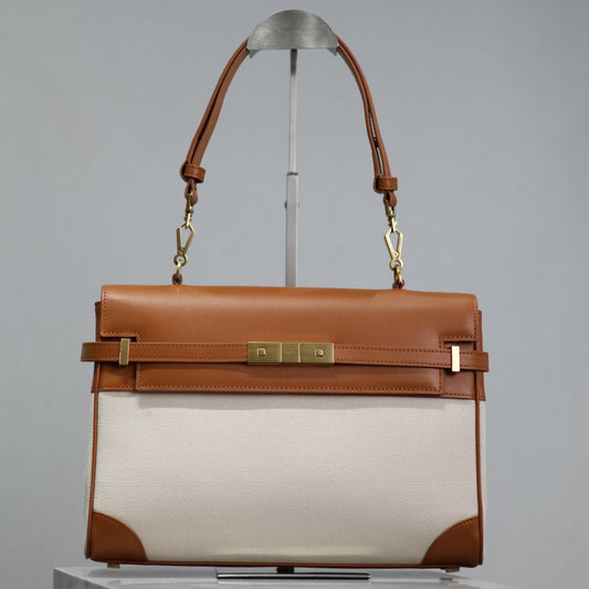 MANHATTAN HANDBAG 32 IN BROWN CALFSKIN AND WHITE CANVAS GOLD HARDWARE