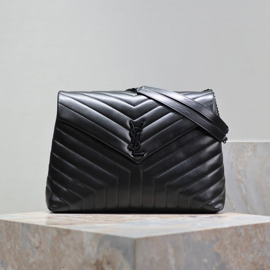 LOULOU LARGE 36 IN BLACK QUILTED CALFSKIN BLACK HARDWARE