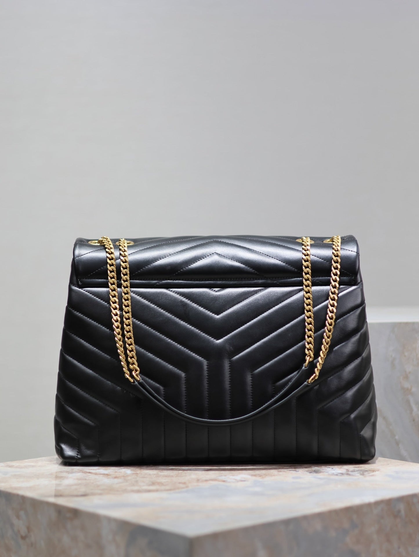 LOULOU LARGE 36 IN BLACK QUILTED CALFSKIN GOLD HARDWARE