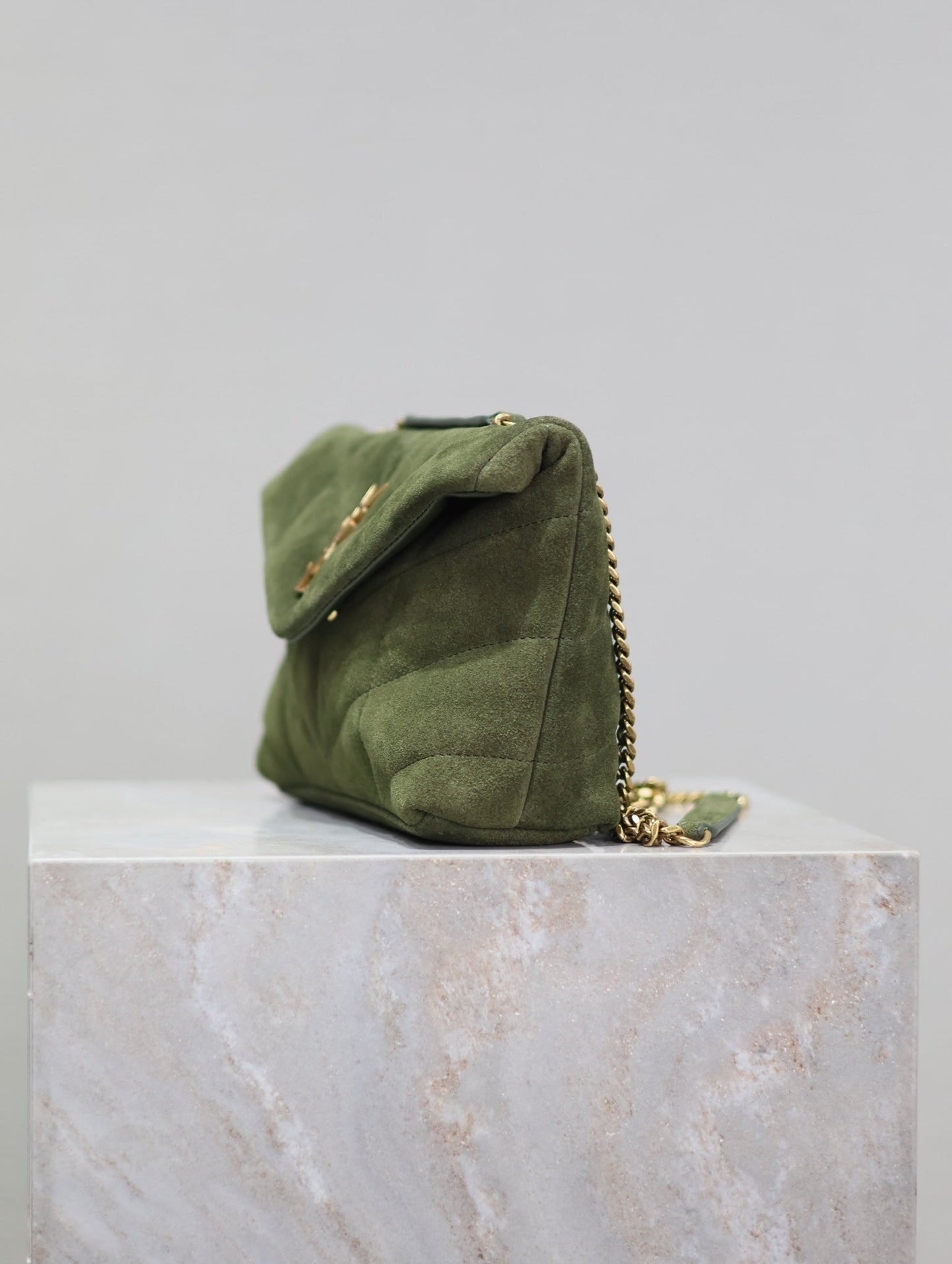 PUFFER TOY 23 IN PICKLE GREEN SUEDE GOLD HARDWARE