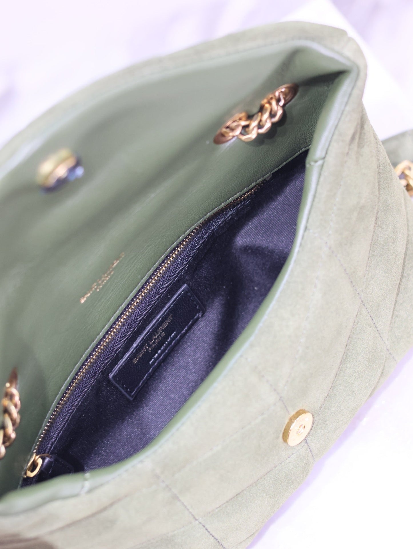 PUFFER TOY 23 IN PICKLE GREEN SUEDE GOLD HARDWARE