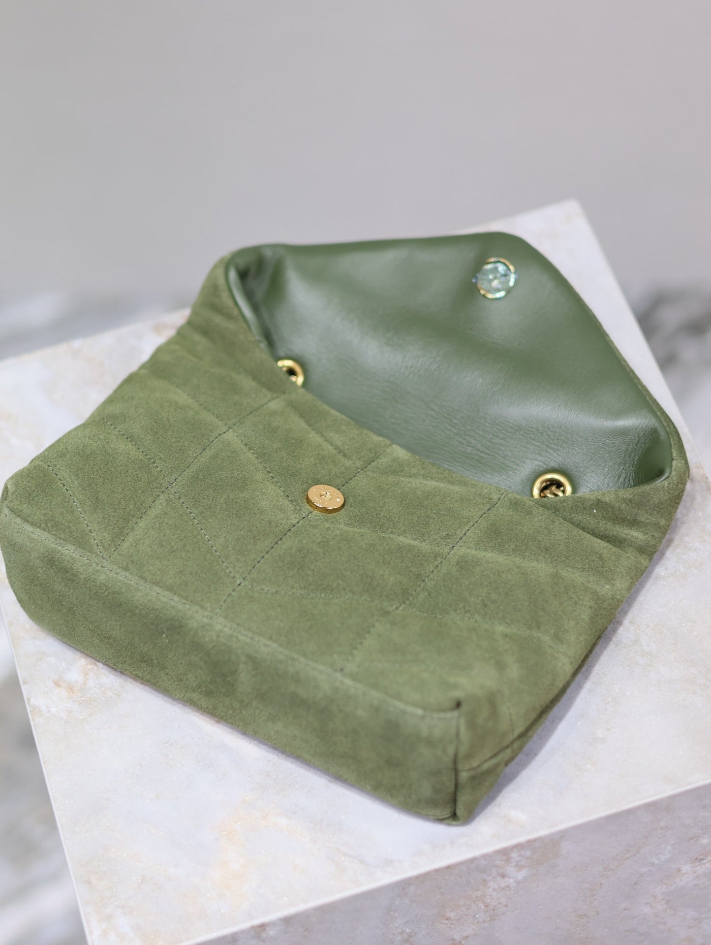 PUFFER TOY 23 IN PICKLE GREEN SUEDE GOLD HARDWARE