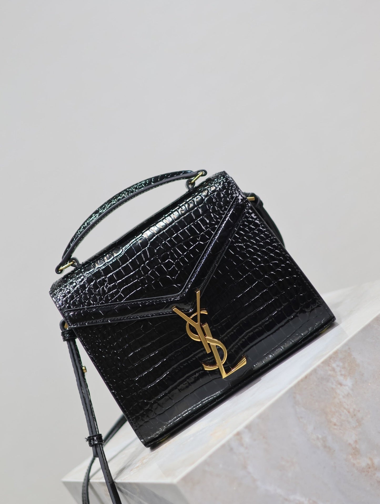 CASSANDRA MINI TOP HANDLE BAG 20 IN BLACK CROCODILE-EMBOSSED GLOSSY CALFSKIN