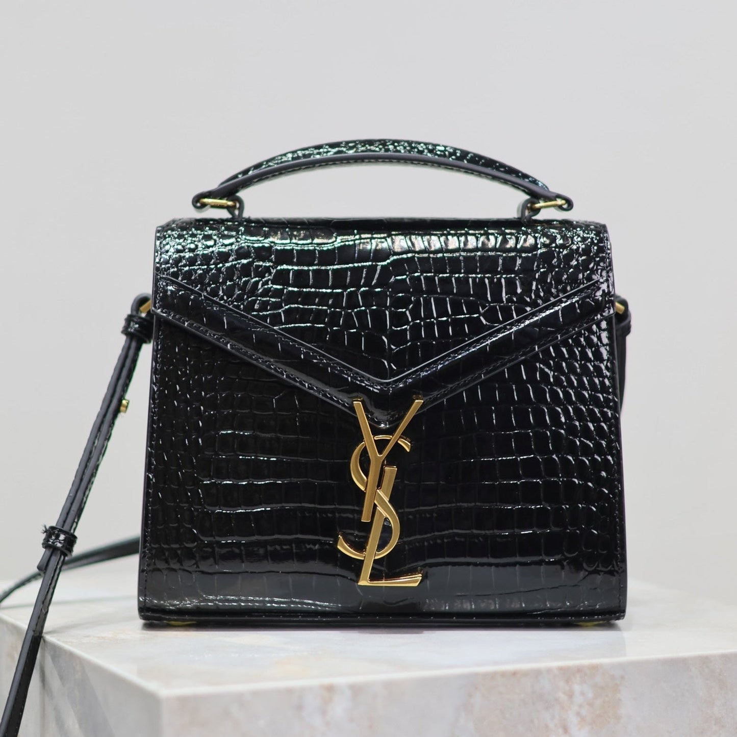 CASSANDRA MINI TOP HANDLE BAG 20 IN BLACK CROCODILE-EMBOSSED GLOSSY CALFSKIN