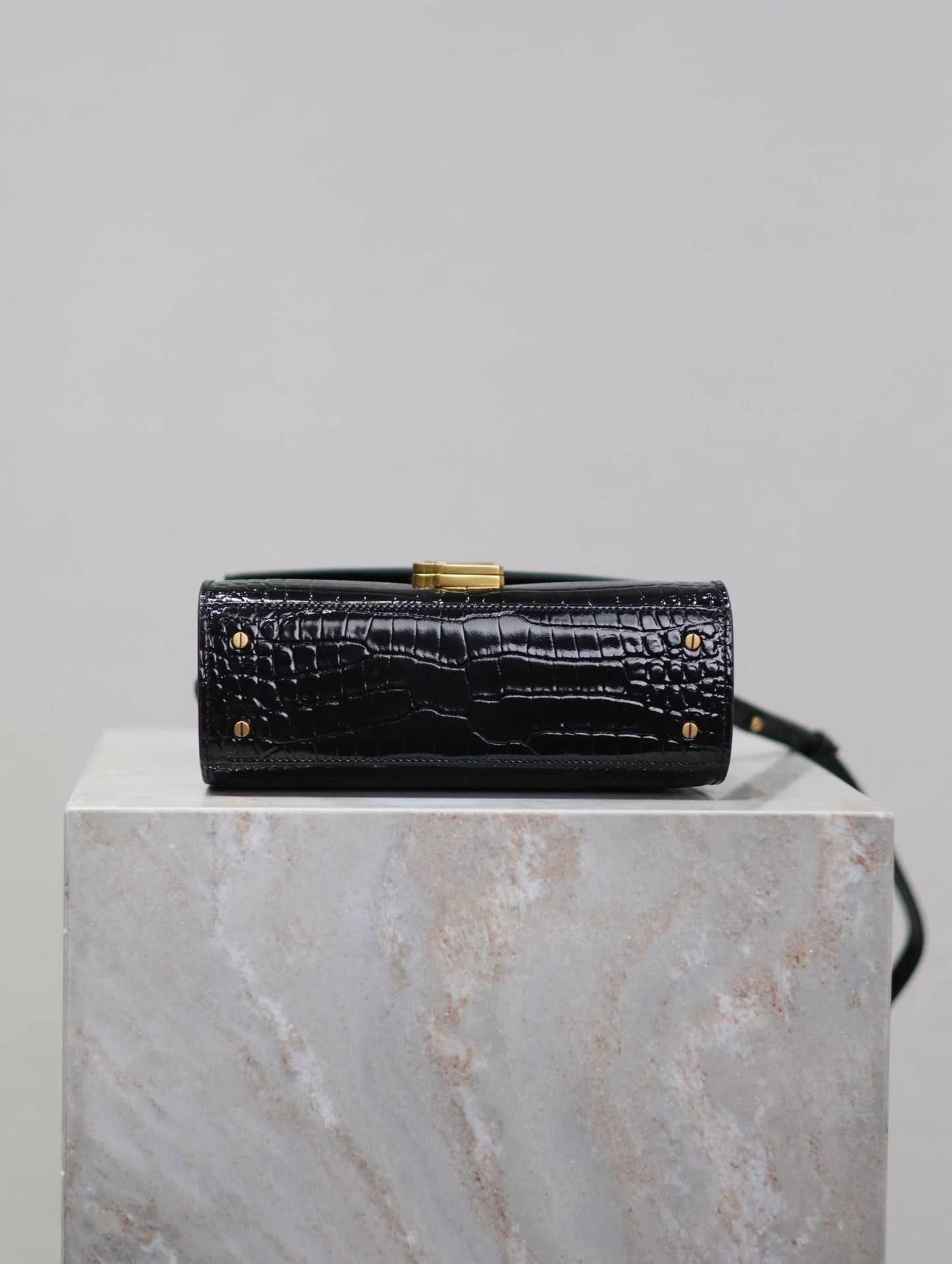 CASSANDRA MINI TOP HANDLE BAG 20 IN BLACK CROCODILE-EMBOSSED GLOSSY CALFSKIN