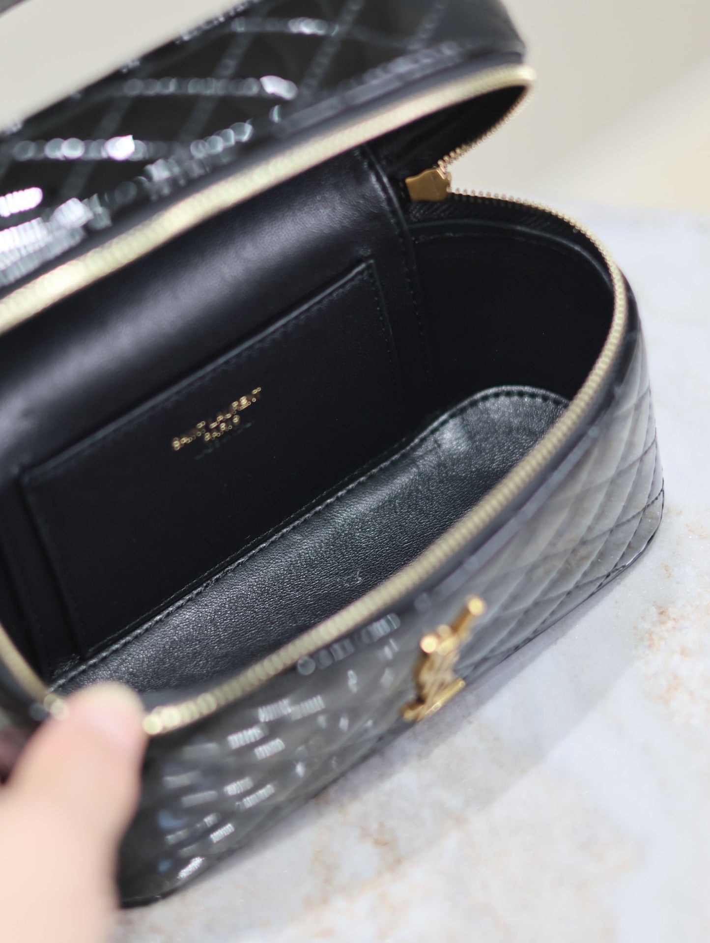 GABY MINI VANITY 18 IN BLACK GLOSSY LAMBSKIN GOLD HARDWARE