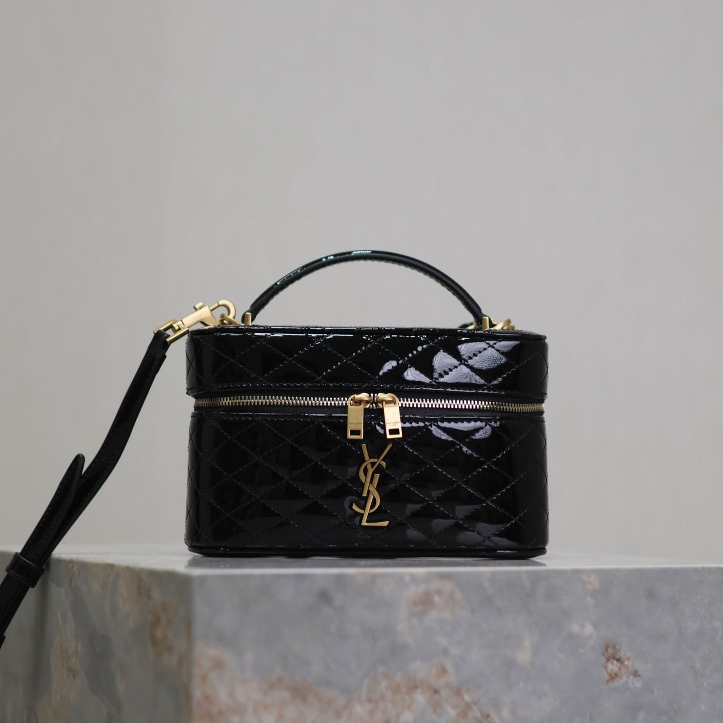 GABY MINI VANITY 18 IN BLACK GLOSSY LAMBSKIN GOLD HARDWARE