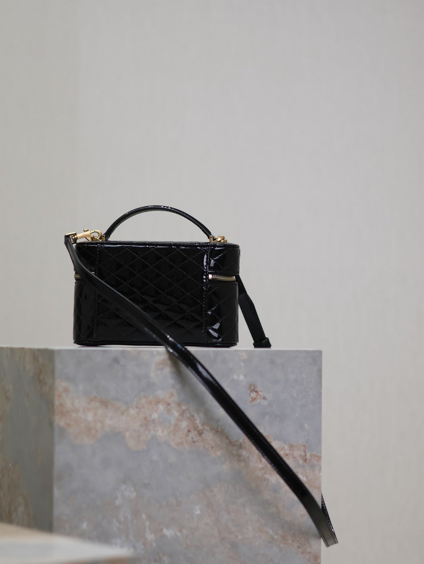 GABY MINI VANITY 18 IN BLACK GLOSSY LAMBSKIN GOLD HARDWARE