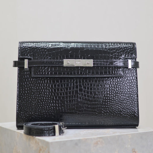 MANHATTAN MEDIUM 29 IN BLACK CROCODILE-EMBOSSED CALFSKIN SILVER BUCKLE