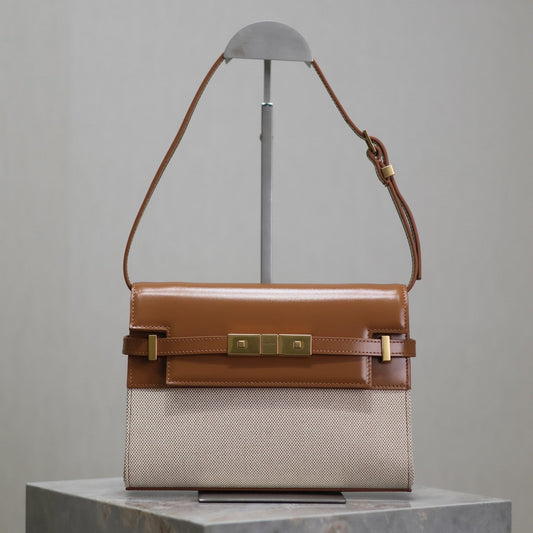 MANHATTAN SMALL 24 IN WHITE CANVAS AND BROWN CALFSKIN GOLD HARDWARE